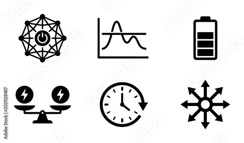 Foto Modern Technology Icons Set: Power, Data, Battery, Balance, Time, Network Expansion