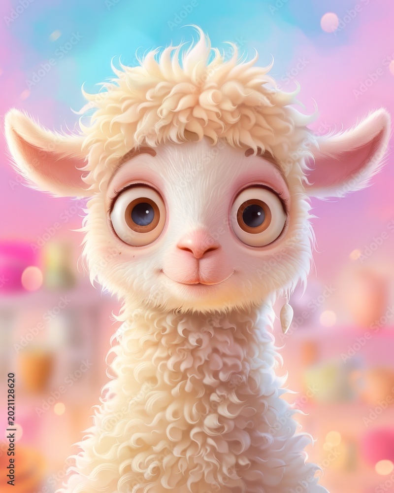 Fototapeta premium Cute baby alpaca with fluffy white fur and big brown eyes. Soft pastel background with glowing bokeh lights. Sweet, innocent expression perfect for children's media or gentle branding