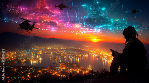 Digital Future Cityscape with Helicopters and Observer at Sunset