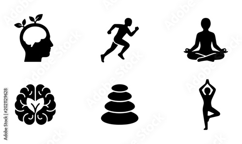 Canvas Print Mindfulness and Wellness Icons: Brain Health, Running, Meditation, Zen Stones, Y
