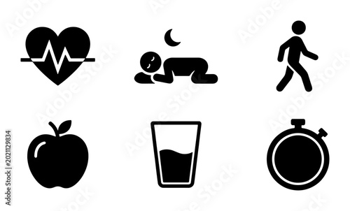 Foto Healthy Lifestyle Icons: Heartbeat, Sleep, Walking, Apple, Water, Stopwatch