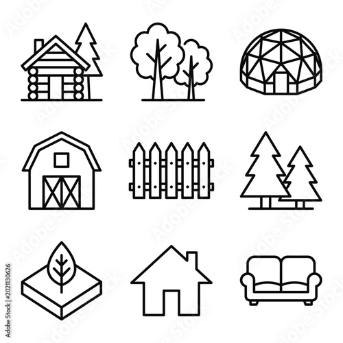 Foto Home and nature icons set: cabin trees geodesic dome barn fence house couch with