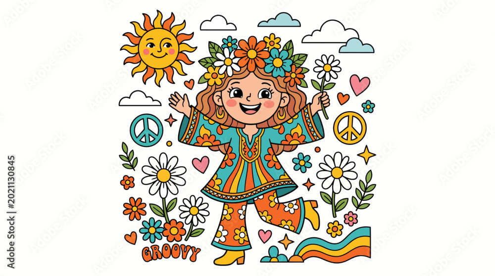 Obraz premium Groovy Hippie Girl with Flowers in Vector Illustration Retro Vibe 60s 70s
