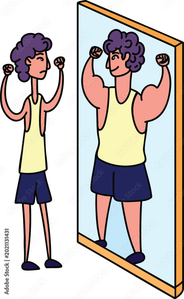 Obraz premium Thin young man looking at muscular reflection in mirror representing self perception confidence and body image concept