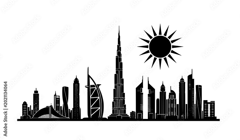 Fototapeta premium Dubai skyline silhouette with modern skyscrapers and landmarks black vector