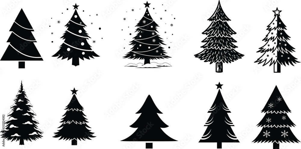 Obraz premium Black and white christmas tree collection vector illustrations for holiday designs