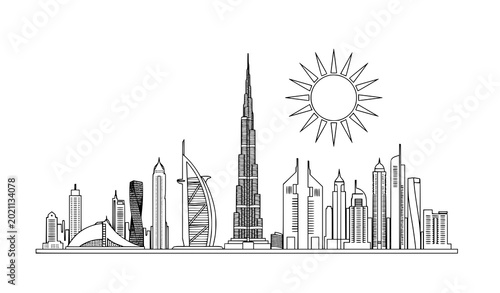 Dubai skyline thin line vector with modern architecture and bright sun