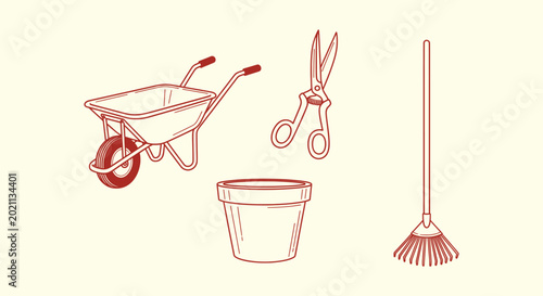 Valokuva Minimalist gardening tools collection including wheelbarrow garden shears flower