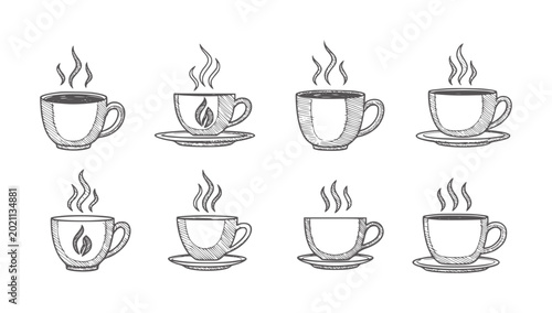 Foto Hand drawn coffee cups with steam and saucers in style drink