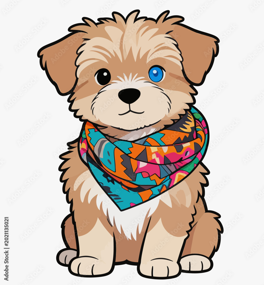 Fototapeta premium A cartoon illustration of a fluffy domestic puppy with heterochromatic eyes, wearing a colorful printed scarf, sitting against a plain white background.