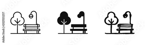 Bild auf Leinwand Public Park Bench with Tree and Lamp Icons in Outline, Solid, and Hand-Drawn Sty