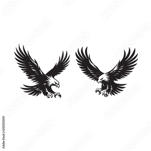 Fotografie Majestic eagle mascot vector set, soaring bald eagle silhouettes with spread win