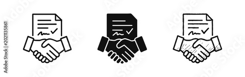 Tableau sur toile Business agreement and handshake icons with signed contract document