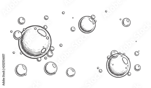 Fotografie Hand drawn of floating soap bubbles and water droplets liquid