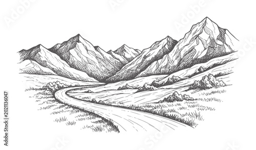 Hand drawn of a winding road through a mountain valley landscape mountains