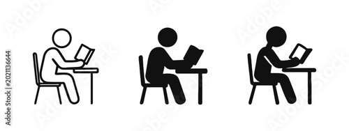 Foto Student Sitting at Desk Reading Book Study and Education Icon Set