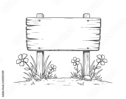 Hand drawn wooden signpost with flowers and grass
