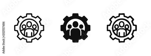 Team management and workforce icon set, group of people inside gear, industrial human resources concept