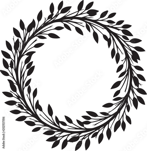 Black laurel wreath, leafy circular border, vector floral frame, decorative foliage
