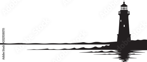 Lighthouse silhouette, black and white illustration, vector icon, coastal landscape