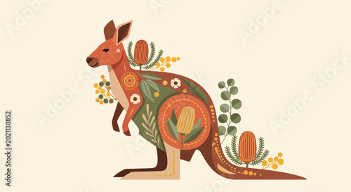 Foto Stylized kangaroo with native Australian flowers and plants illustration