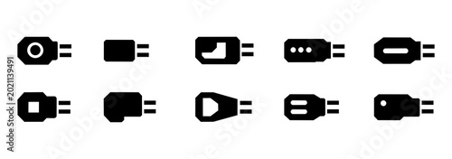 Photos Set of electrical plug connector icons with various shapes, power cable and sock