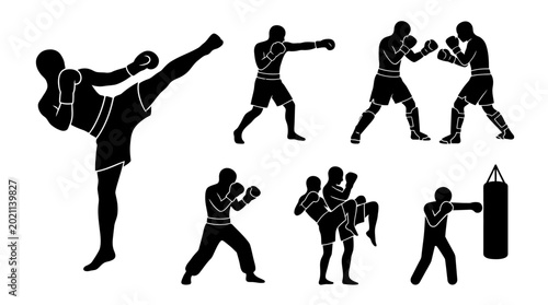 Cuadro en lienzo Silhouettes of people practicing kickboxing.