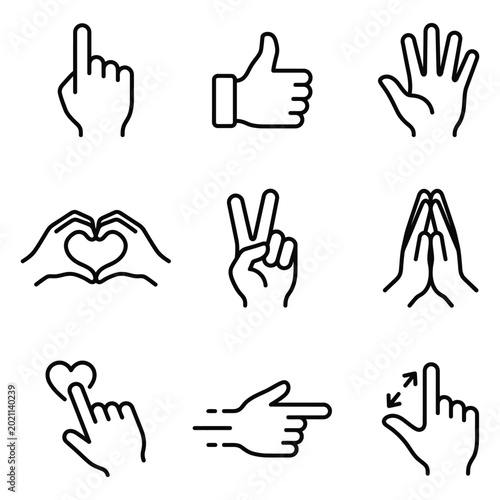 Set of hand gesture icons depicting pointing finger thumbs up open palm heart shape with hands peace sign praying