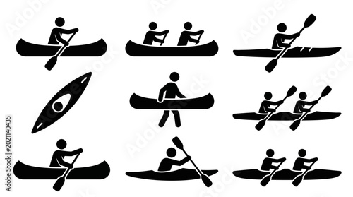 Kayaking icons with people paddling canoe.