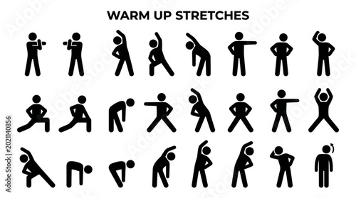 People doing various warm up stretches.