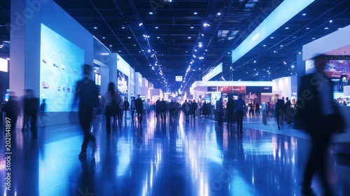 Futuristic hallway with neon lighting and rapid motion blurred silhouettes of people walking creating time lapse scene in modern public space sleek corridor design with reflections depth perspective