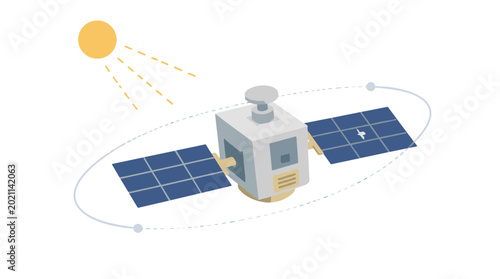 Satellite with solar panels in space orbiting earth.