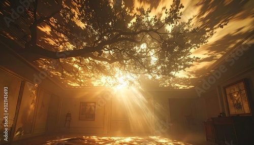 Sunlight streaming through trees illuminating empty room with vintage decor