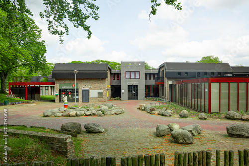 Facade of the Multifunctional Center De Brinkhof in Norg, Netherlands. Modern public building in a Dutch village, community and cultural center architecture, urban local Norg, Netherlands 05. May 2026