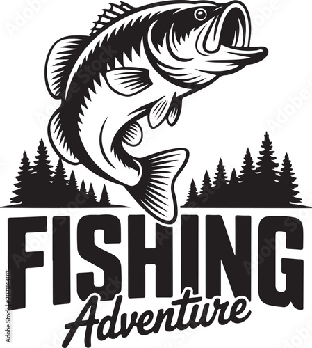 Bass fishing adventure logo design with jumping fish and pine trees vector illustration.
