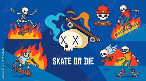 Bilde på lerret This energetic illustration portrays vibrant skateboarding scenes with skeletons and colorful graphics, epitomizing the thrill and creativity of skateboard culture