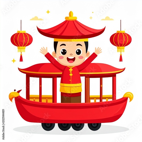 Cartoon emperor waving on traditional festival boat under lanterns