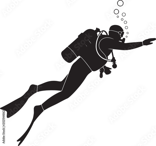 Scuba Diver Silhouette Vector Illustration with Underwater Bubbles