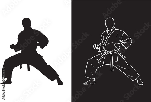  Karate Fighter Silhouette and White Line Art Vector Set in Martial Arts Pose