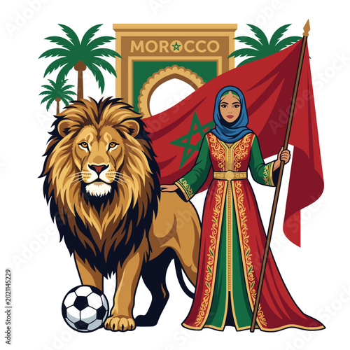 Fotografi A vibrant depiction of a Moroccan woman holding a flag beside a majestic lion, symbolizing national pride, with a soccer ball representing sports enthusiasm and culture