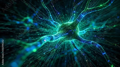 Glowing blue neurons with dendrites and axons in dark background representing neural network