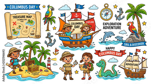 Cartoon Columbus Day Ocean Adventure Scenes Featuring Explorer Character Activities and Treasure Island Discovery Journeys Representing Fun Maritime Exploration Concept