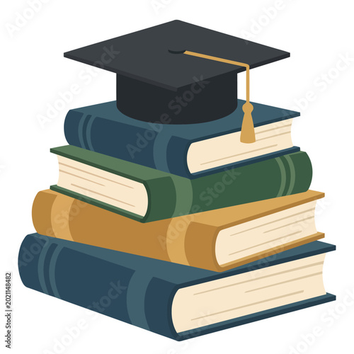 A stack of books topped with a graduation cap symbolizes academic excellence. Clean, modern illustration with a soft pastel background. Ideal for education and learning themes.