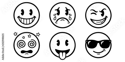 Fotografia A set of six emoticon faces expressing happiness, sadness, anger, excitement, silliness, and coolness