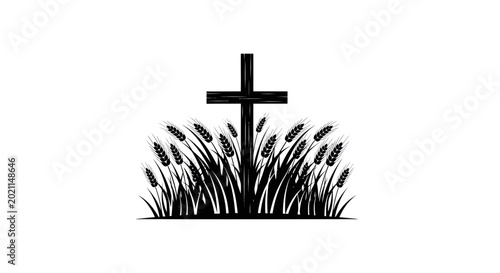 Bild auf Leinwand Christian Cross Silhouette in Wheat Field, Religious Symbol, Faith and Hope