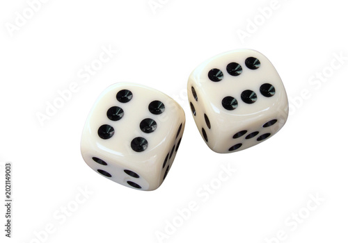 Quadro su tela Two white casino dice showing four and five, gambling game isolated on transpare