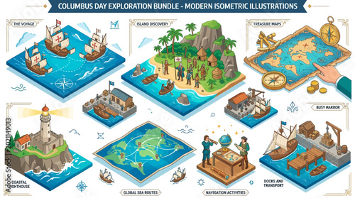 Isometric Columbus Day Maritime Exploration Scenes Featuring Sailing Ship Travel Activities and Harbor Navigation Systems Representing Historical Ocean Discovery and Adventure Concept