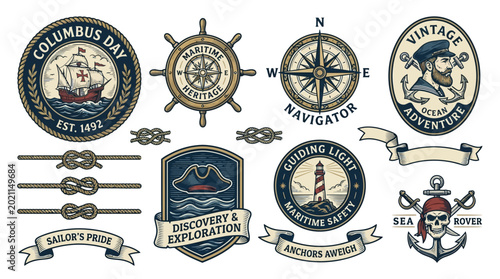 Vintage Columbus Day Nautical Emblems Featuring Maritime Symbol Designs and Historic Ocean Navigation Elements Representing Sailor Heritage and Exploration Identity Concept