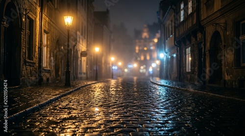 Wet cobblestone street at night with glowing streetlights and fog