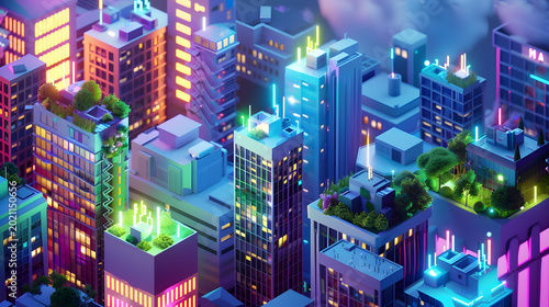 3D isometric low poly city skyscrapers with rooftop gardens at night illustration